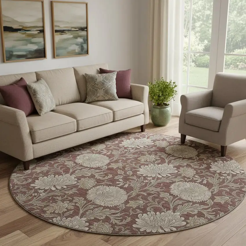8' Merlot And Beige Floral Washable Round Rug With UV Protection Photo 1