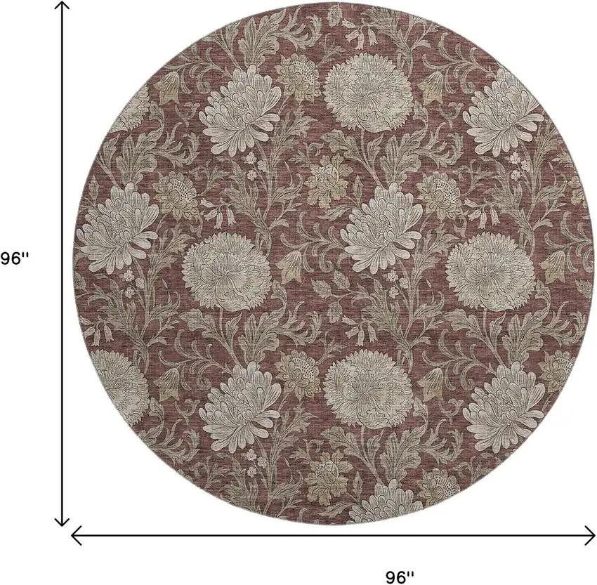 8' Merlot And Beige Floral Washable Round Rug With UV Protection Photo 6