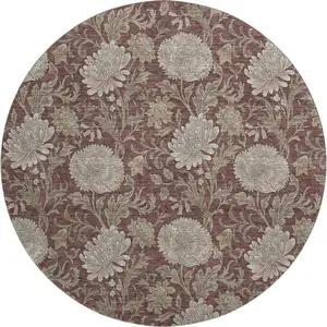 Photo of 8' Merlot And Beige Floral Washable Round Rug With UV Protection