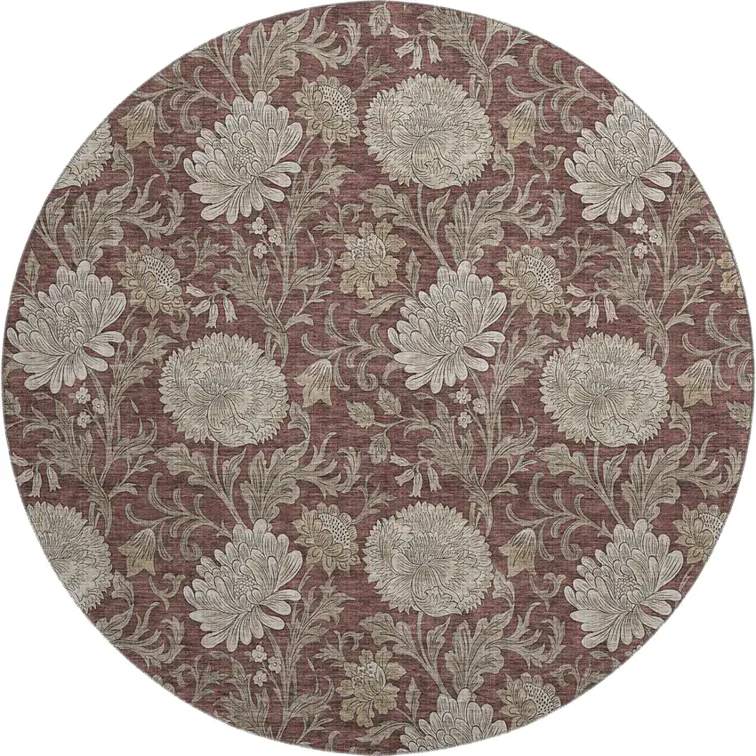 8' Merlot And Beige Floral Washable Round Rug With UV Protection Photo 1