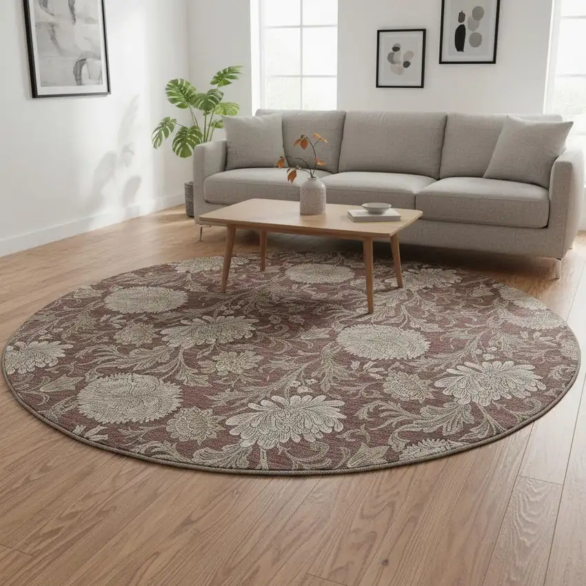 8' Merlot And Beige Floral Washable Round Rug With UV Protection Photo 2