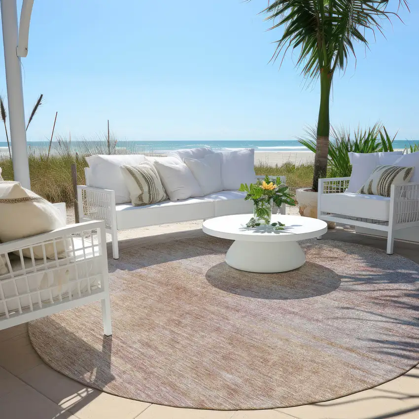 8' Merlot And Beige Round Abstract Washable Indoor Outdoor Area Rug Photo 6