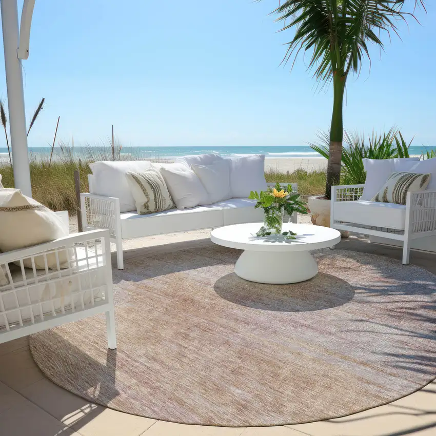 8' Merlot And Beige Round Abstract Washable Indoor Outdoor Area Rug Photo 6