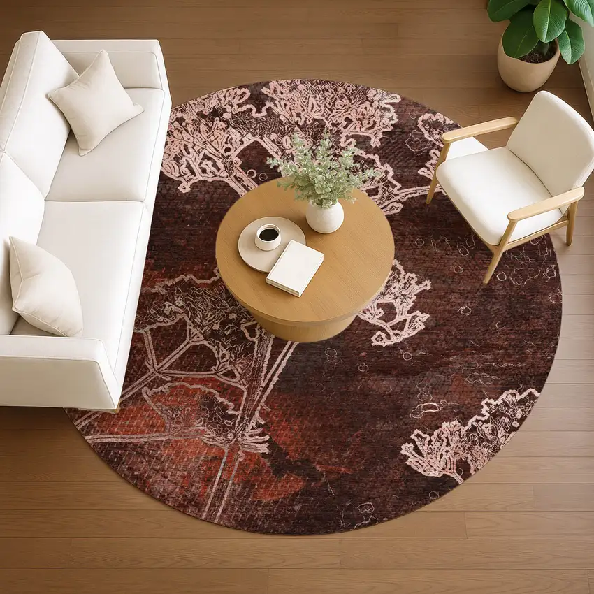8' Merlot And Beige Round Floral Washable Indoor Outdoor Area Rug Photo 8