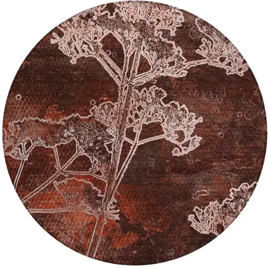 8' Merlot And Beige Round Floral Washable Indoor Outdoor Area Rug Photo 5