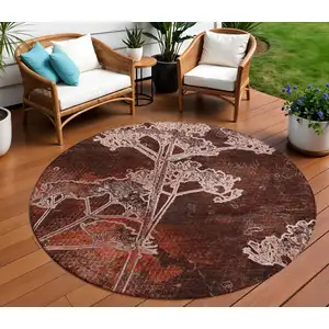 Photo of 8' Merlot And Beige Round Floral Washable Indoor Outdoor Area Rug