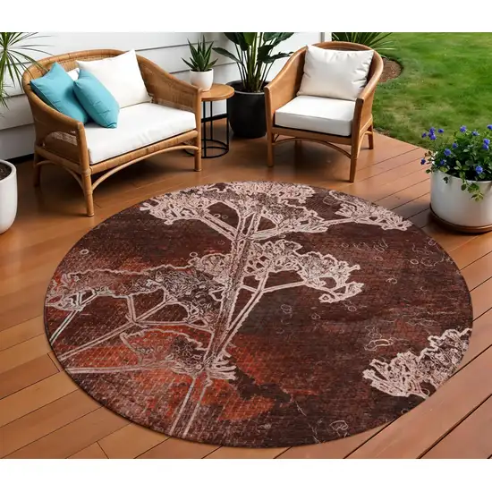 8' Merlot And Beige Round Floral Washable Indoor Outdoor Area Rug Photo 1