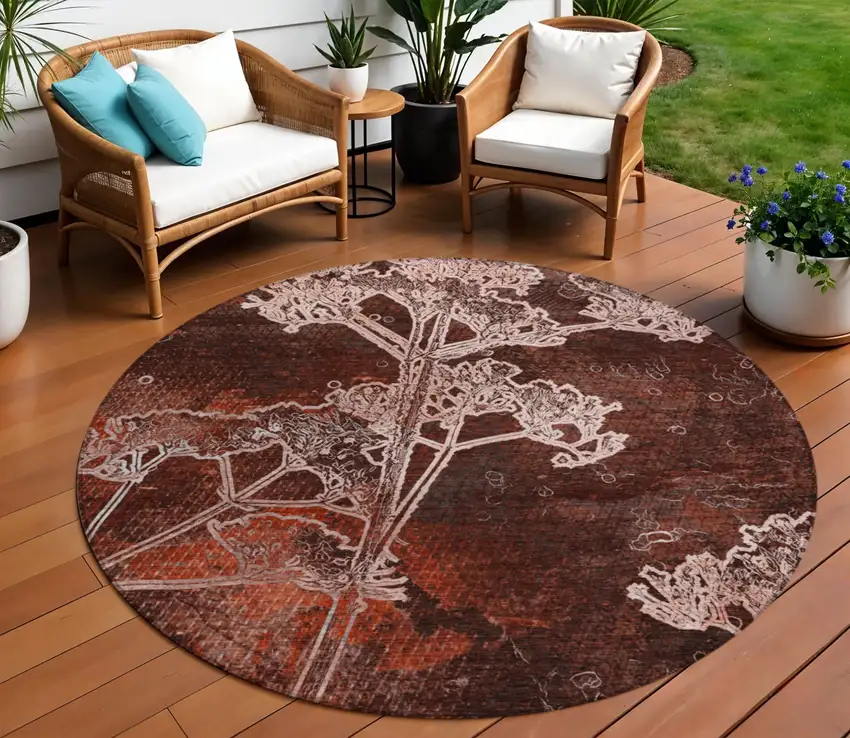 8' Merlot And Beige Round Floral Washable Indoor Outdoor Area Rug Photo 1