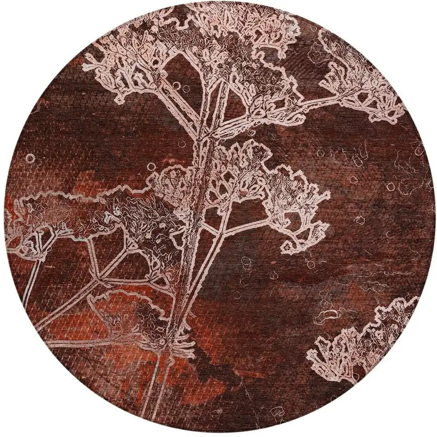 8' Merlot And Beige Round Floral Washable Indoor Outdoor Area Rug Photo 4