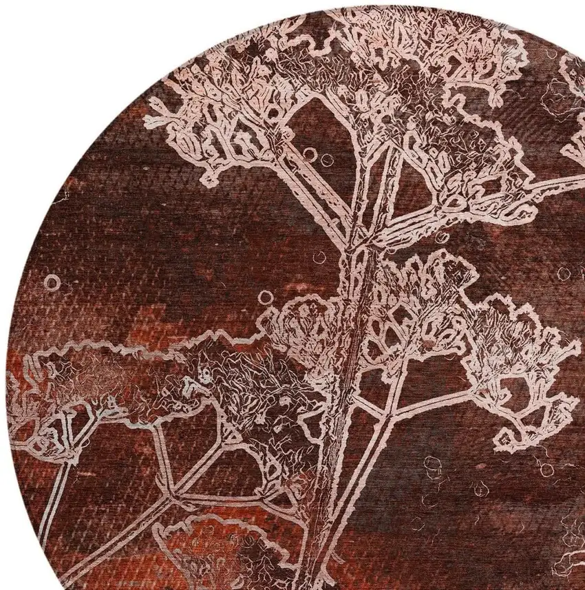 8' Merlot And Beige Round Floral Washable Indoor Outdoor Area Rug Photo 7