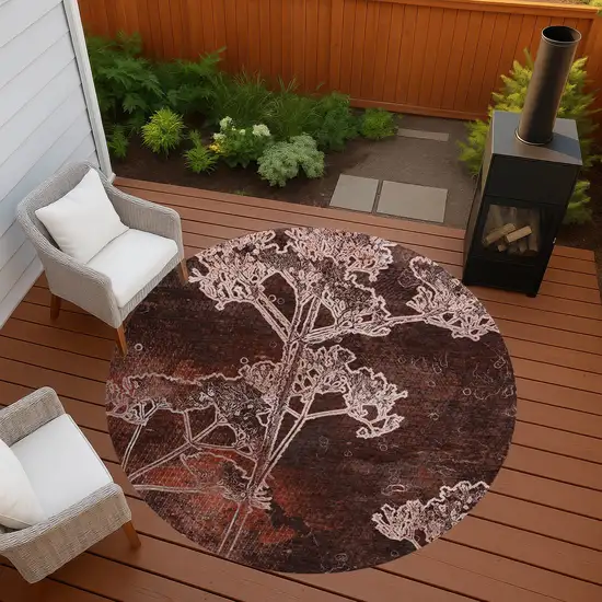 8' Merlot And Beige Round Floral Washable Indoor Outdoor Area Rug Photo 9