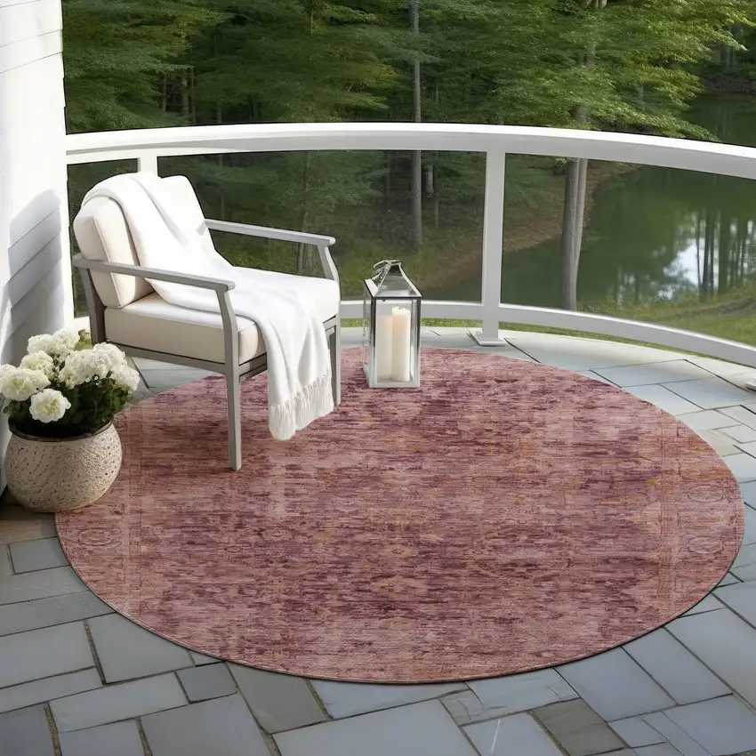 8' Merlot And Blush Round Abstract Washable Indoor Outdoor Area Rug Photo 6