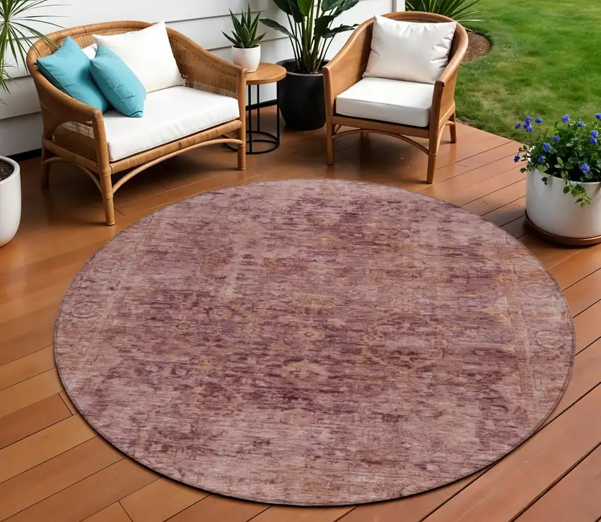 8' Merlot And Blush Round Abstract Washable Indoor Outdoor Area Rug Photo 2