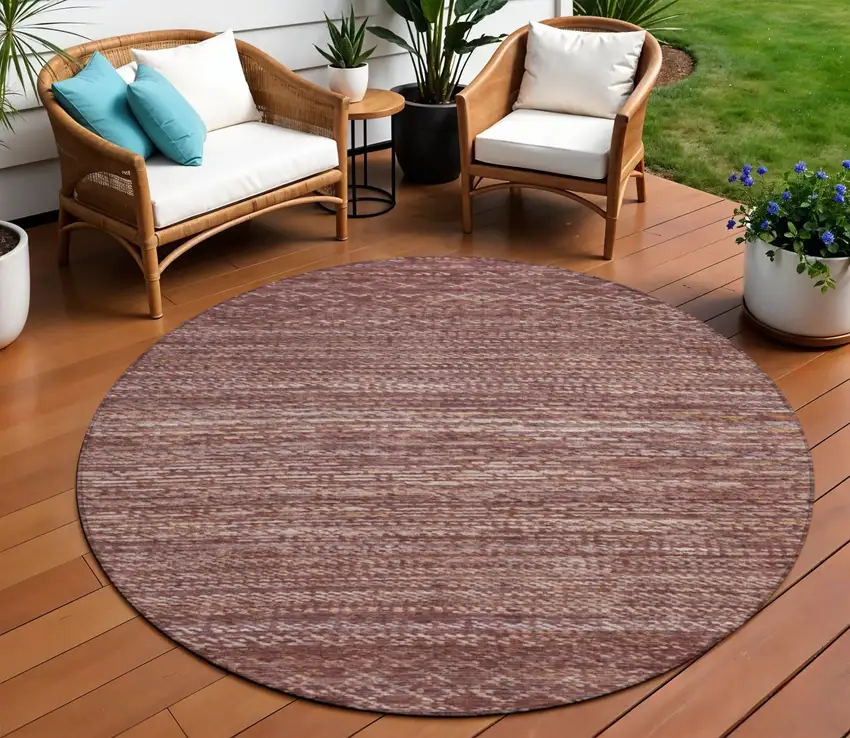 8' Merlot And Burgundy Round Striped Washable Indoor Outdoor Area Rug Photo 2