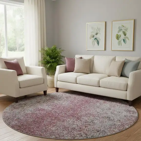 8' Merlot And Gray Abstract Washable Round Rug With UV Protection Photo 1