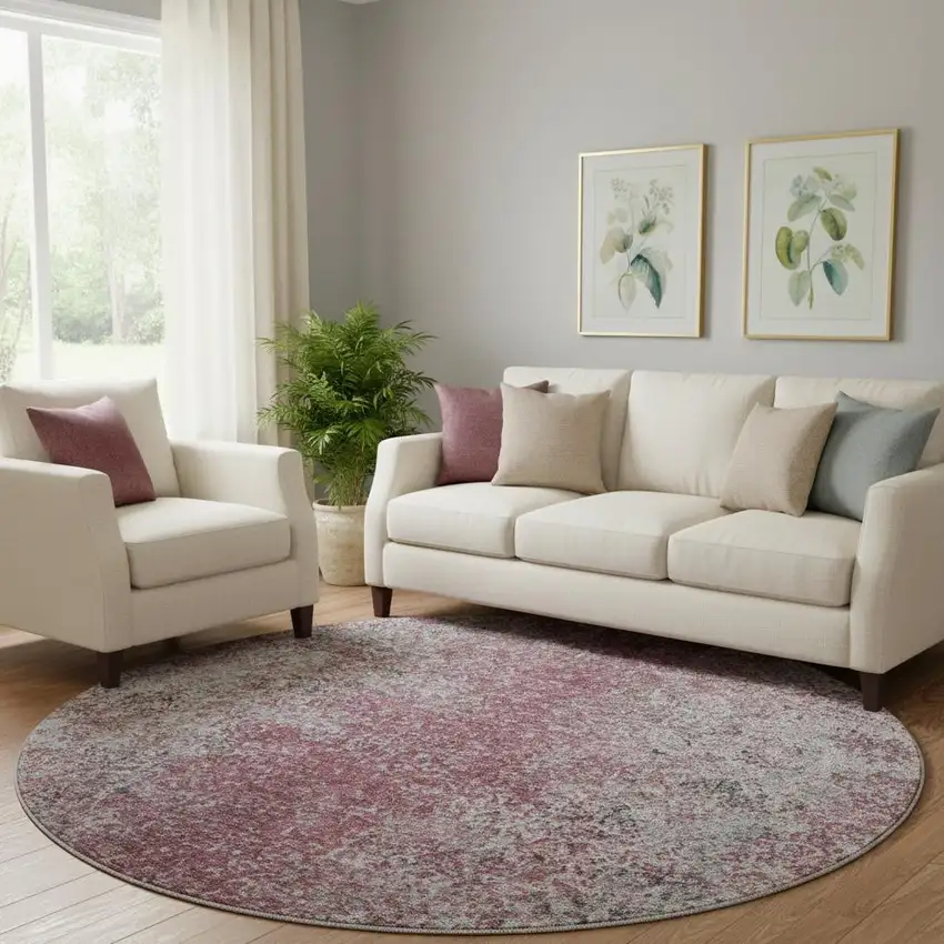 8' Merlot And Gray Abstract Washable Round Rug With UV Protection Photo 1