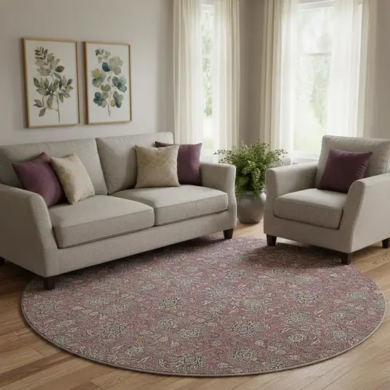 8' Merlot And Gray Floral Washable Round Rug With UV Protection Photo 1
