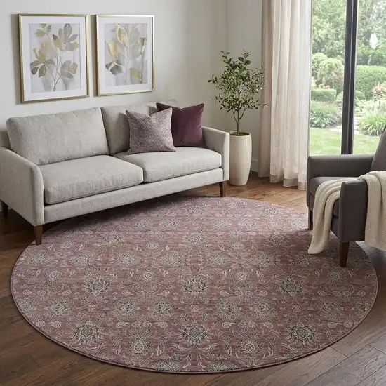 8' Merlot And Gray Floral Washable Round Rug With UV Protection Photo 1