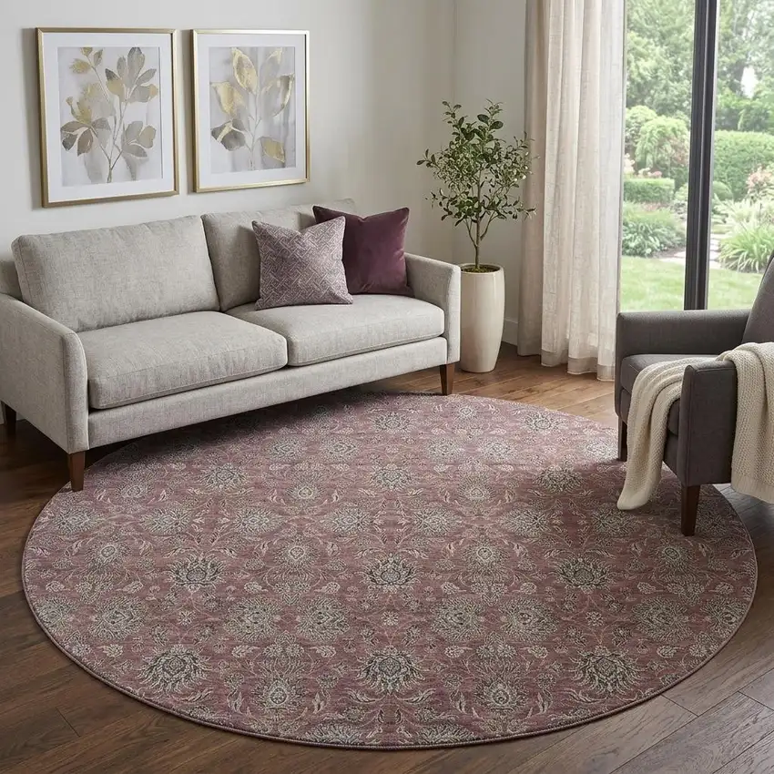 8' Merlot And Gray Floral Washable Round Rug With UV Protection Photo 1