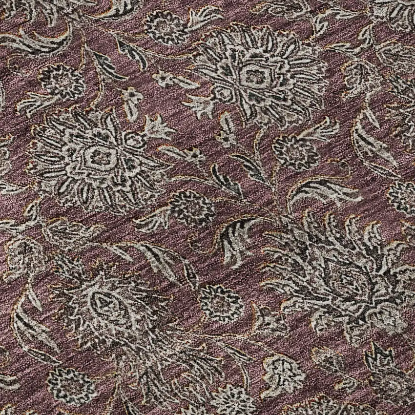 8' Merlot And Gray Floral Washable Round Rug With UV Protection Photo 9