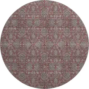 Photo of 8' Merlot And Gray Floral Washable Round Rug With UV Protection