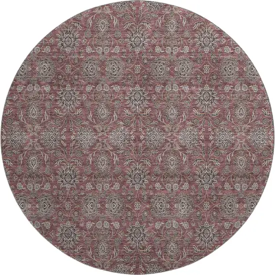 8' Merlot And Gray Floral Washable Round Rug With UV Protection Photo 1