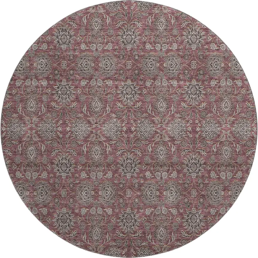 8' Merlot And Gray Floral Washable Round Rug With UV Protection Photo 1