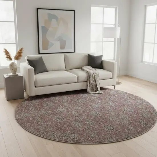 8' Merlot And Gray Floral Washable Round Rug With UV Protection Photo 2