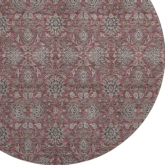 8' Merlot And Gray Floral Washable Round Rug With UV Protection Photo 3