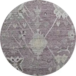 Photo of 8' Merlot And Gray Oriental Washable Round Rug With UV Protection