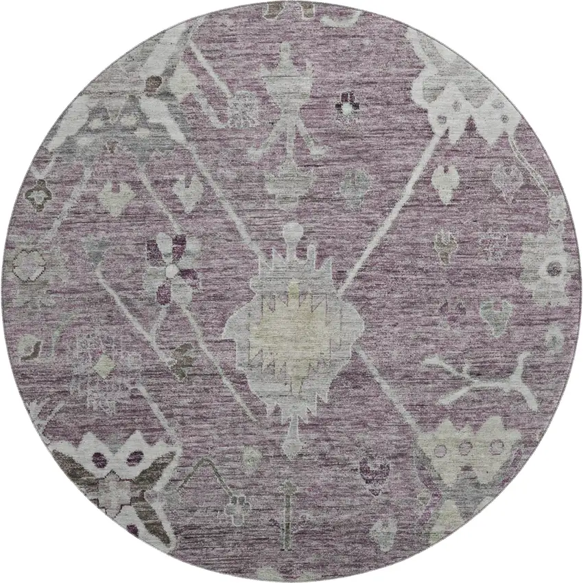 8' Merlot And Gray Oriental Washable Round Rug With UV Protection Photo 1
