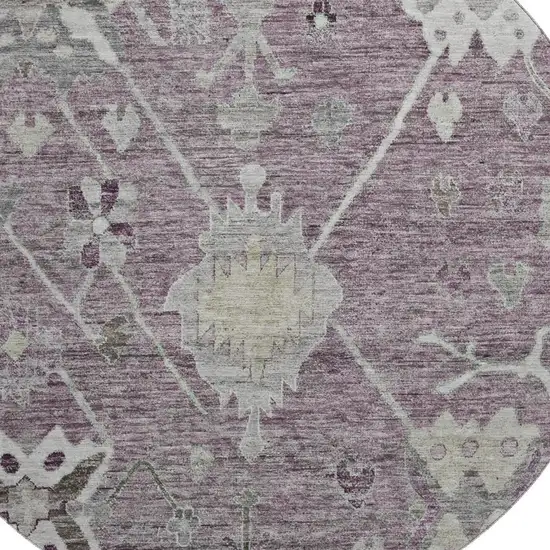 8' Merlot And Gray Oriental Washable Round Rug With UV Protection Photo 3
