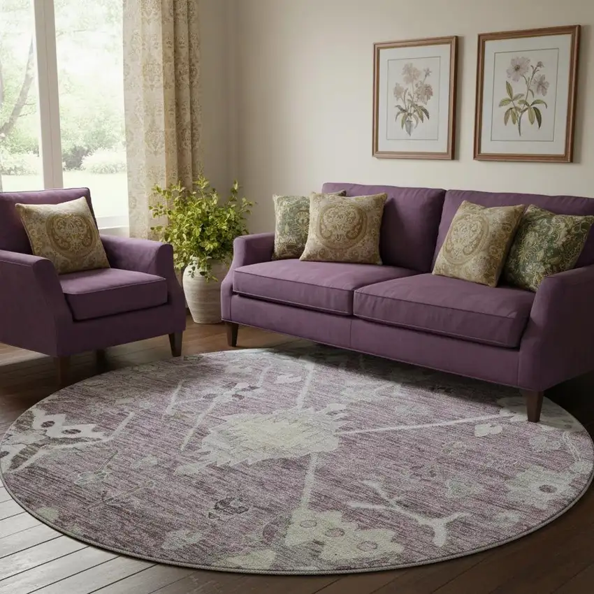 8' Merlot And Gray Oriental Washable Round Rug With UV Protection Photo 2