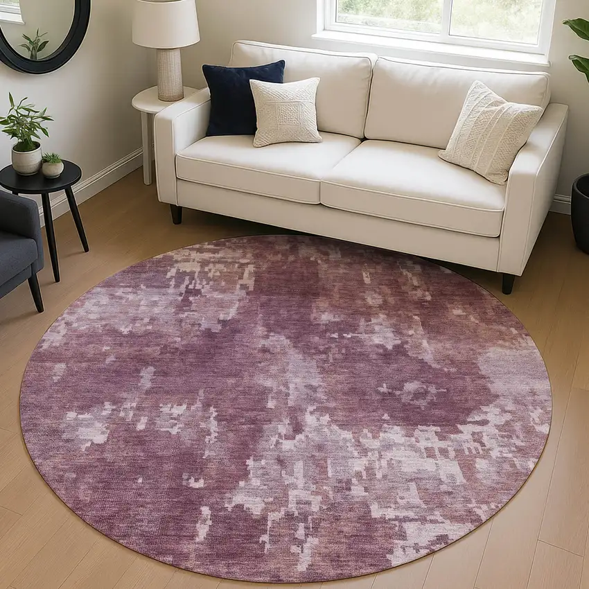 8' Merlot And Gray Round Abstract Washable Indoor Outdoor Area Rug Photo 5