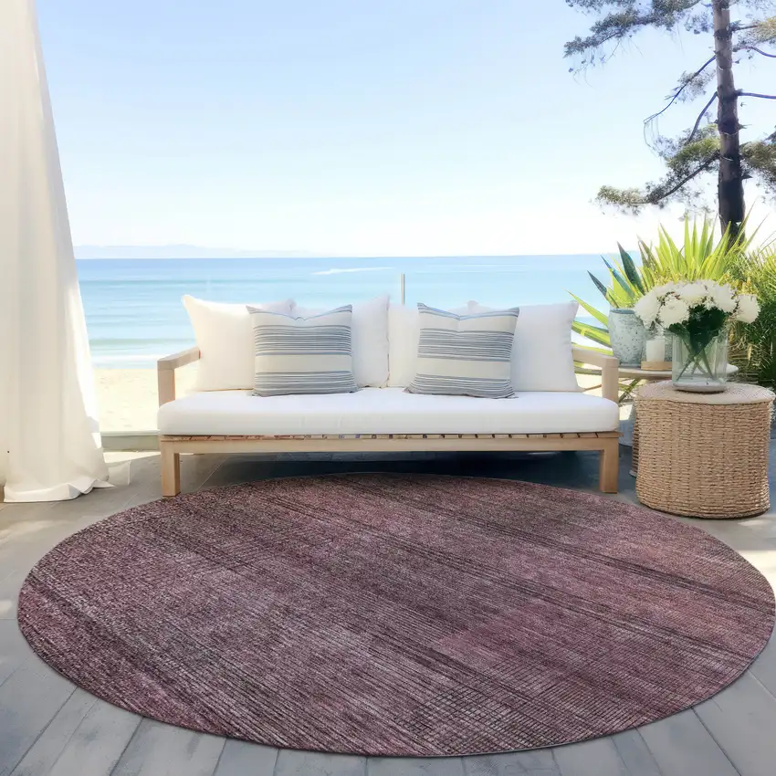 8' Merlot And Gray Round Striped Washable Indoor Outdoor Area Rug Photo 6