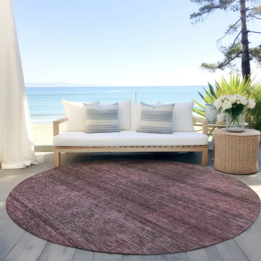 8' Merlot And Gray Round Striped Washable Indoor Outdoor Area Rug Photo 6