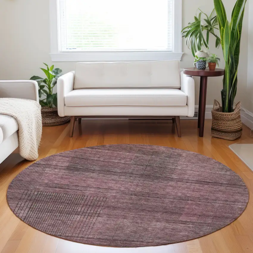 8' Merlot And Gray Round Striped Washable Indoor Outdoor Area Rug Photo 7