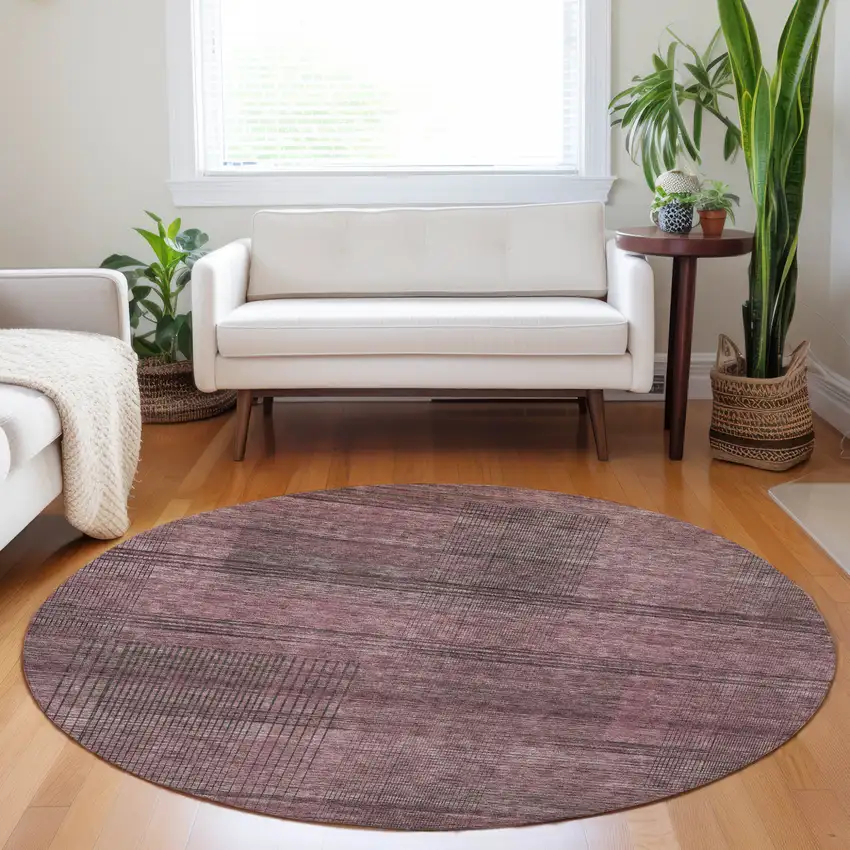 8' Merlot And Gray Round Striped Washable Indoor Outdoor Area Rug Photo 7