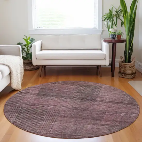 8' Merlot And Gray Round Striped Washable Indoor Outdoor Area Rug Photo 7