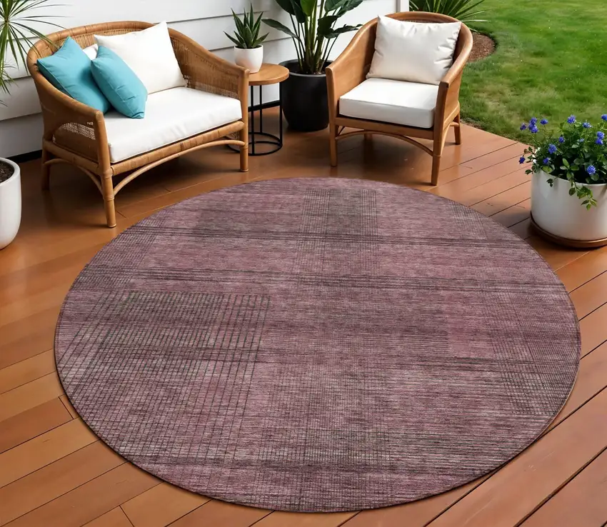 8' Merlot And Gray Round Striped Washable Indoor Outdoor Area Rug Photo 1