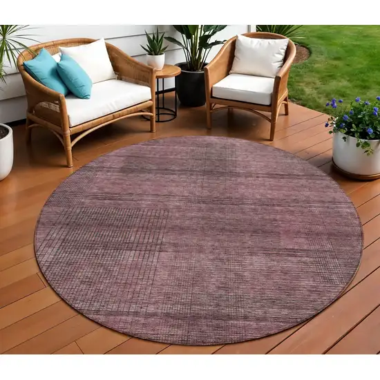 8' Merlot And Gray Round Striped Washable Indoor Outdoor Area Rug Photo 1