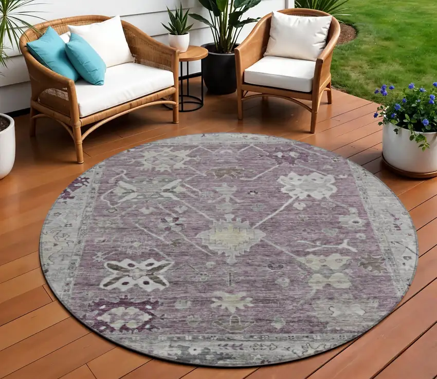 8' Merlot And Gray Round Tribal Washable Indoor Outdoor Area Rug Photo 2