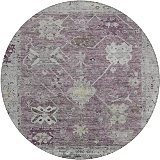 8' Merlot And Gray Round Tribal Washable Indoor Outdoor Area Rug Photo 1