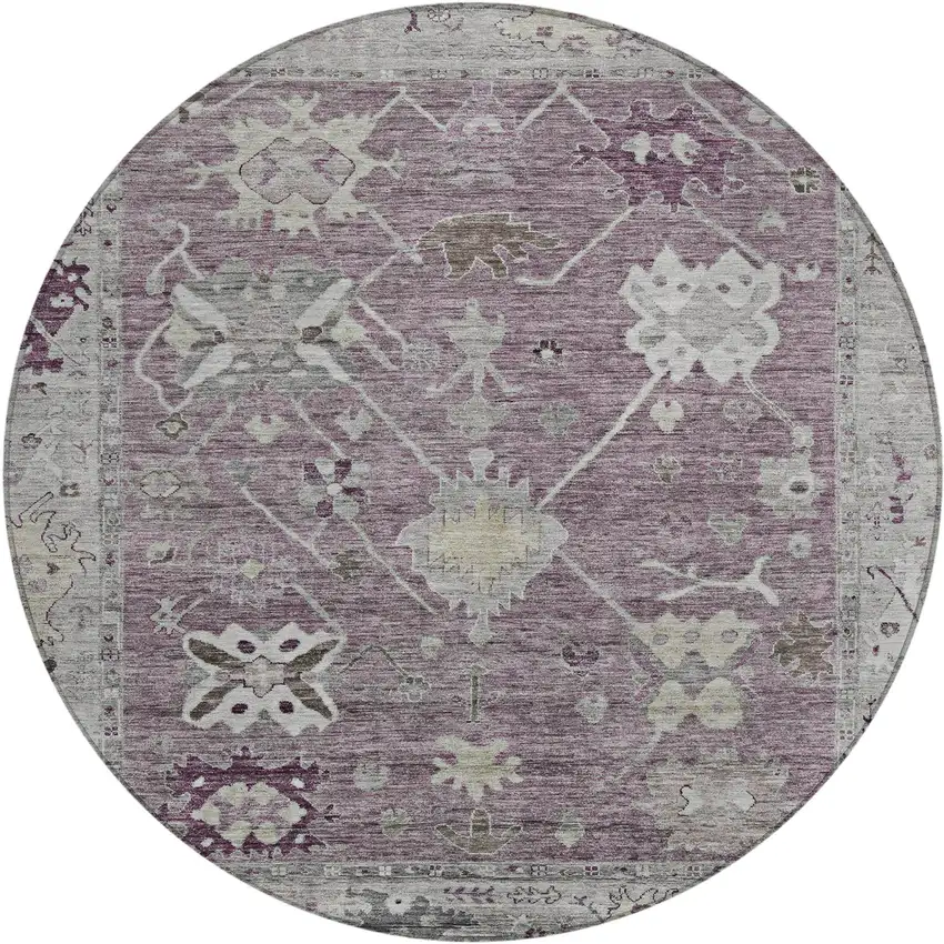 8' Merlot And Gray Round Tribal Washable Indoor Outdoor Area Rug Photo 1