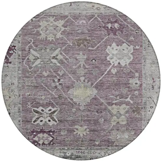 8' Merlot And Gray Round Tribal Washable Indoor Outdoor Area Rug Photo 3