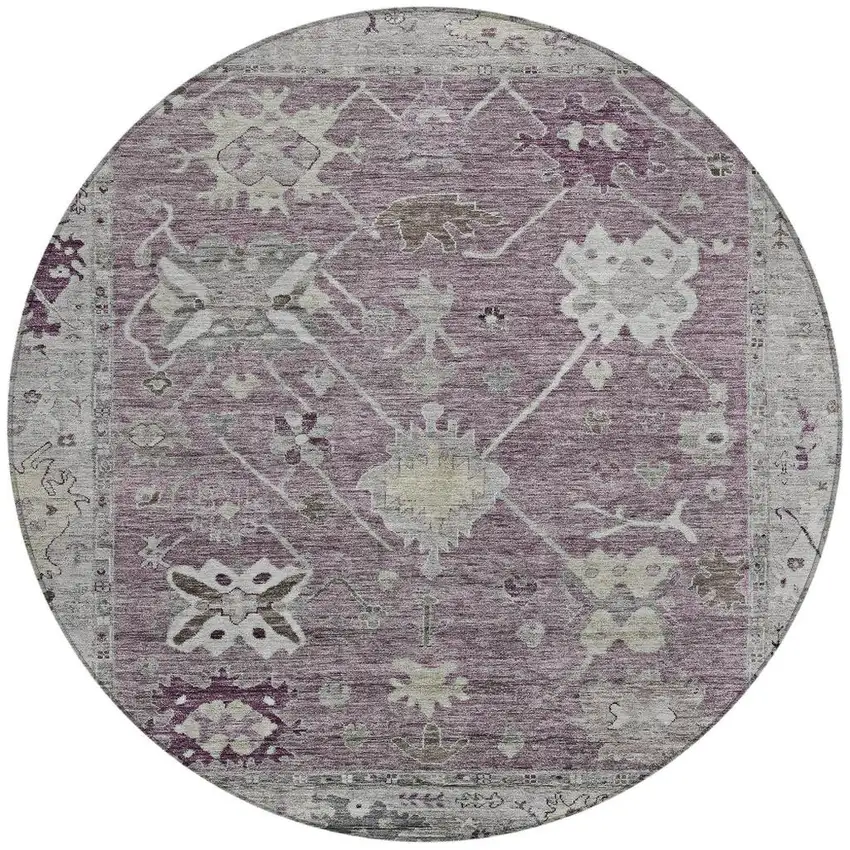 8' Merlot And Gray Round Tribal Washable Indoor Outdoor Area Rug Photo 4