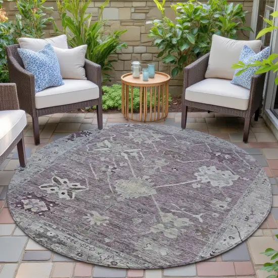 8' Merlot And Gray Round Tribal Washable Indoor Outdoor Area Rug Photo 6