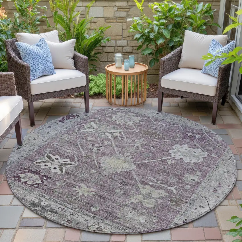 8' Merlot And Gray Round Tribal Washable Indoor Outdoor Area Rug Photo 6