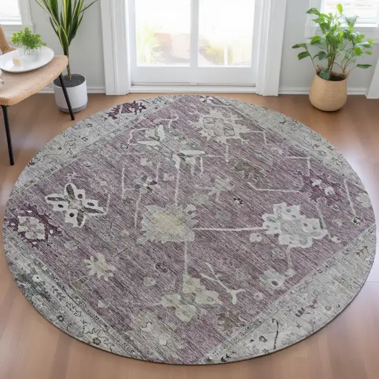 8' Merlot And Gray Round Tribal Washable Indoor Outdoor Area Rug Photo 5