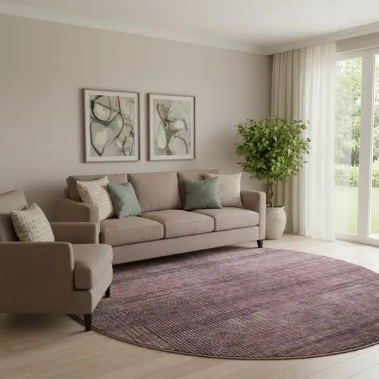 8' Merlot And Gray Striped Washable Round Rug With UV Protection Photo 1